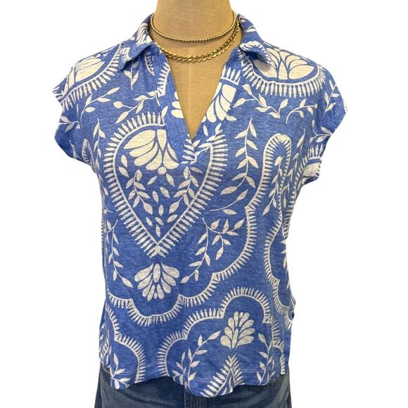 JOIE Blue Print 100% Linen Top Shirt Blouse Women size S Resort - Picture 1 of 7